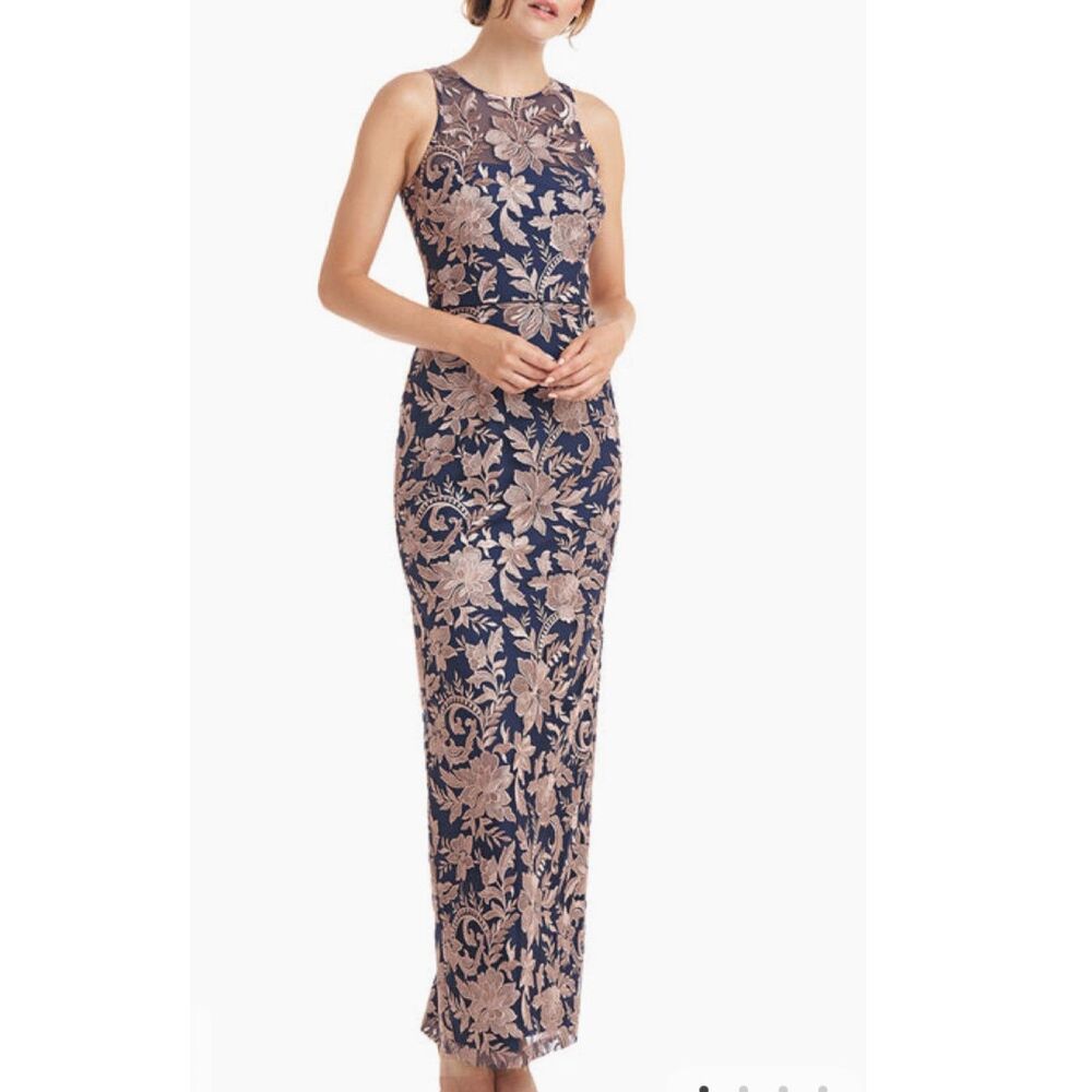 JS COLLECTIONS (NWT) Navy Latte Floral Embroidered Halter Dress Formal Gown sz8